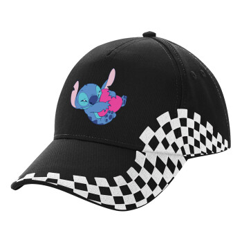 Lilo & Stitch hugs and hearts, Adult Ultimate BLACK RACING Cap, (100% COTTON DRILL, ADULT, UNISEX, ONE SIZE)