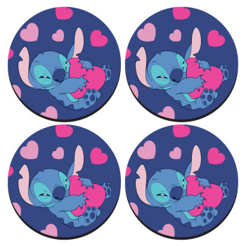 Lilo & Stitch hugs and hearts, ΣΕΤ 4 Σουβέρ ξύλινα στρογγυλά (9cm)