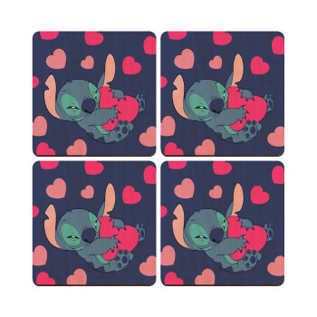 Lilo & Stitch hugs and hearts, ΣΕΤ x4 Σουβέρ ξύλινα τετράγωνα plywood (9cm)