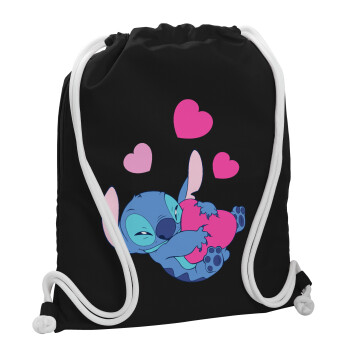 Lilo & Stitch hugs and hearts, Backpack pouch GYMBAG Black, with pocket (40x48cm) & thick white cords