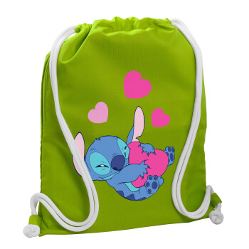 Lilo & Stitch hugs and hearts, Backpack bag GYMBAG LIME GREEN, with pocket (40x48cm) & thick cords