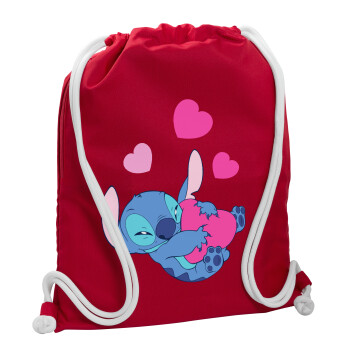 Lilo & Stitch hugs and hearts, Backpack pouch GYMBAG Red, with pocket (40x48cm) & thick cords