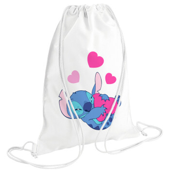 Lilo & Stitch hugs and hearts, Τσάντα πλάτης πουγκί GYMBAG λευκή (28x40cm)