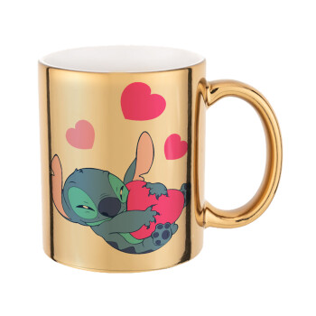 Lilo & Stitch hugs and hearts, Mug ceramic, gold mirror, 330ml