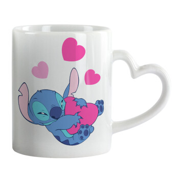 Lilo & Stitch hugs and hearts, Κούπα καρδιά χερούλι λευκή, κεραμική, 330ml