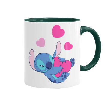 Lilo & Stitch hugs and hearts, Κούπα χρωματιστή πράσινη, κεραμική, 330ml