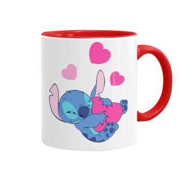 Lilo & Stitch hugs and hearts, Κούπα χρωματιστή κόκκινη, κεραμική, 330ml