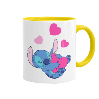 Lilo & Stitch hugs and hearts, Mug colored yellow, ceramic, 330ml