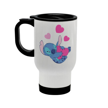 Lilo & Stitch hugs and hearts, Stainless steel travel mug with lid, double wall white 450ml