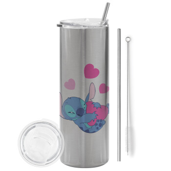 Lilo & Stitch hugs and hearts, Eco friendly stainless steel Silver tumbler 600ml, with metal straw & cleaning brush