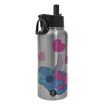 Lilo & Stitch hugs and hearts, Metal mug thermo Silver with Straw and Spout Lid (Stainless steel), double wall, 950ml