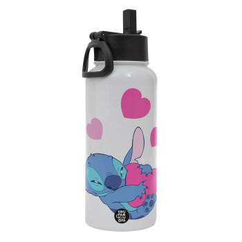 Lilo & Stitch hugs and hearts, Metal mug thermo White with Straw and Spout Lid (Stainless steel), double wall, 950ml