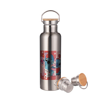 Lilo & Stitch Love, Stainless steel Silver with wooden lid (bamboo), double wall, 750ml