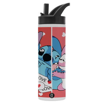 Lilo & Stitch Love, Metallic thermos bottle with straw & handle, stainless steel (Stainless steel 304), double-walled, 600ml.