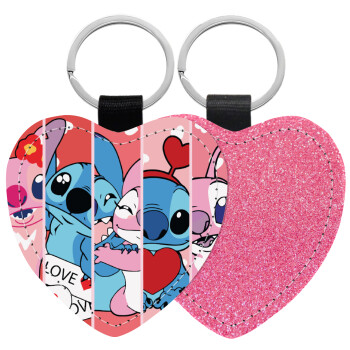 Lilo & Stitch Love, Μπρελόκ PU δερμάτινο glitter καρδιά ΡΟΖ