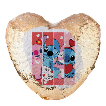 Lilo & Stitch Love, Μαξιλάρι καναπέ καρδιά Μαγικό Χρυσό με πούλιες 40x40cm περιέχεται το  γέμισμα