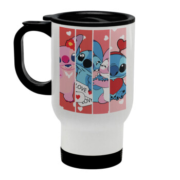 Lilo & Stitch Love, Stainless steel travel mug with lid, double wall white 450ml
