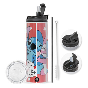 Lilo & Stitch Love, Travel Tumbler θερμό με διπλό καπάκι, μεταλλικό καλαμάκι και βούρτσα καθαρισμού (Ανωξείδωτο 304 Food grade, BPA free, 600ml)