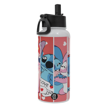 Lilo & Stitch Love, Metal mug thermo White with Straw and Spout Lid (Stainless steel), double wall, 950ml