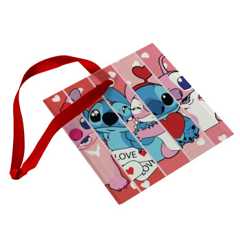 Lilo & Stitch Love, Christmas ornament, glass square ornament 9x9cm