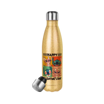 Lilo & Stitch Happy valentines day, Glitter gold stainless steel thermos bottle, double-walled, 500ml