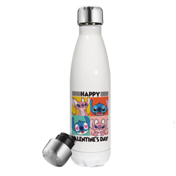 Lilo & Stitch Happy valentines day, Metal mug thermos White (Stainless steel), double wall, 500ml