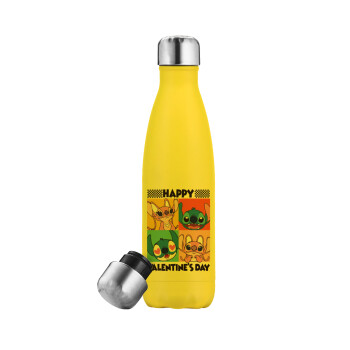 Lilo & Stitch Happy valentines day, Yellow Stainless Steel Metallic Thermos, double-walled, 500ml