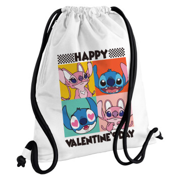 Lilo & Stitch Happy valentines day, Τσάντα πλάτης πουγκί GYMBAG λευκή, με τσέπη (40x48cm) & χονδρά κορδόνια