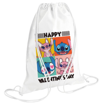 Lilo & Stitch Happy valentines day, Τσάντα πλάτης πουγκί GYMBAG λευκή (28x40cm)