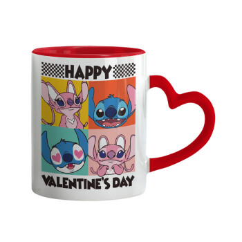 Lilo & Stitch Happy valentines day, Κούπα καρδιά χερούλι κόκκινη, κεραμική, 330ml