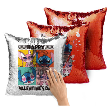 Lilo & Stitch Happy valentines day, Μαξιλάρι καναπέ Μαγικό Κόκκινο με πούλιες 40x40cm περιέχεται το γέμισμα