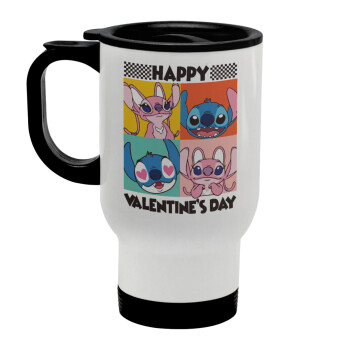 Lilo & Stitch Happy valentines day, Stainless steel travel mug with lid, double wall white 450ml