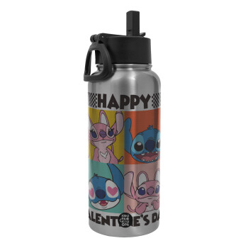 Lilo & Stitch Happy valentines day, Metal mug thermo Silver with Straw and Spout Lid (Stainless steel), double wall, 950ml