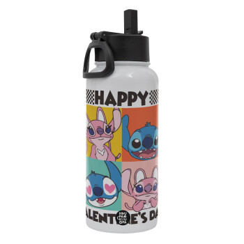 Lilo & Stitch Happy valentines day, Metal mug thermo White with Straw and Spout Lid (Stainless steel), double wall, 950ml