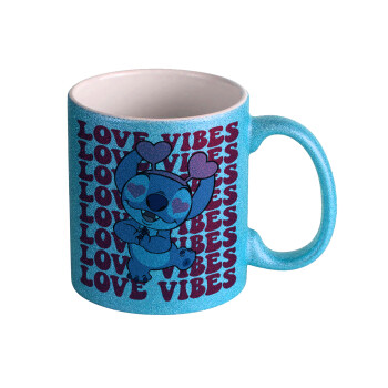 Lilo & Stitch Love vibes, Κούπα Σιέλ Glitter που γυαλίζει, κεραμική, 330ml