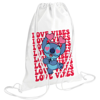 Lilo & Stitch Love vibes, Τσάντα πλάτης πουγκί GYMBAG λευκή (28x40cm)
