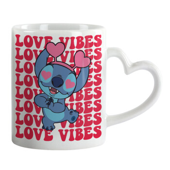 Lilo & Stitch Love vibes, Κούπα καρδιά χερούλι λευκή, κεραμική, 330ml