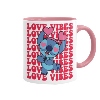 Lilo & Stitch Love vibes, Κούπα χρωματιστή ροζ, κεραμική, 330ml