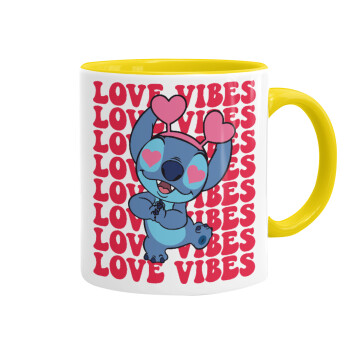 Lilo & Stitch Love vibes, Κούπα χρωματιστή κίτρινη, κεραμική, 330ml