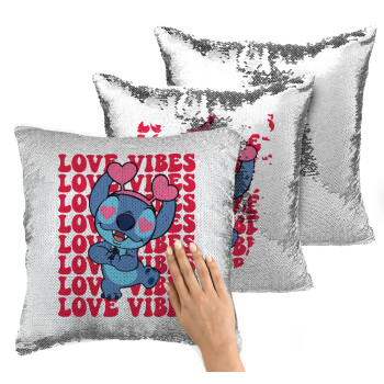 Lilo & Stitch Love vibes, Μαξιλάρι καναπέ Μαγικό Ασημένιο με πούλιες 40x40cm περιέχεται το γέμισμα