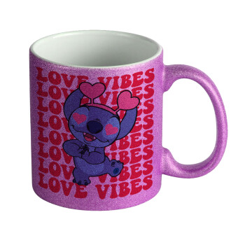 Lilo & Stitch Love vibes, Κούπα Μωβ Glitter που γυαλίζει, κεραμική, 330ml