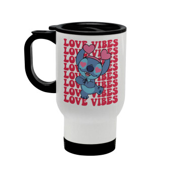 Lilo & Stitch Love vibes, Stainless steel travel mug with lid, double wall white 450ml