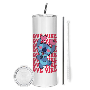 Lilo & Stitch Love vibes, Tumbler ποτήρι θερμό από ανοξείδωτο ατσάλι 600ml, με μεταλλικό καλαμάκι & βούρτσα καθαρισμού