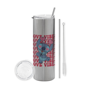 Lilo & Stitch Love vibes, Eco friendly ποτήρι θερμό Ασημένιο (tumbler) από ανοξείδωτο ατσάλι 600ml, με μεταλλικό καλαμάκι & βούρτσα καθαρισμού