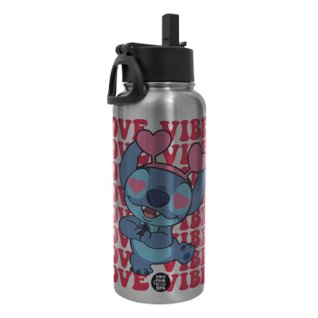 Lilo & Stitch Love vibes, Metal mug thermo Silver with Straw and Spout Lid (Stainless steel), double wall, 950ml