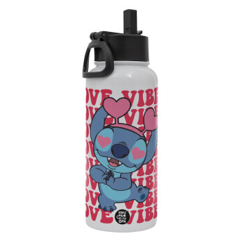 Lilo & Stitch Love vibes, Metal mug thermo White with Straw and Spout Lid (Stainless steel), double wall, 950ml