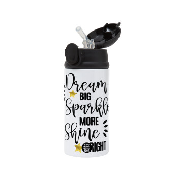 Dream big, Sparkle more, Shine bright, Children's hot water bottle, stainless steel, with safety straw, Black (360ml) BPA-FREE