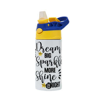 Dream big, Sparkle more, Shine bright, Children's hot water bottle, stainless steel, with safety straw, green, blue (360ml) BPA FREE