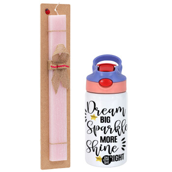 Dream big, Sparkle more, Shine bright, Easter Set, Children's thermal stainless steel water bottle with safety straw, pink/purple (350ml) & Easter scented flat candle (30cm) (PINK)