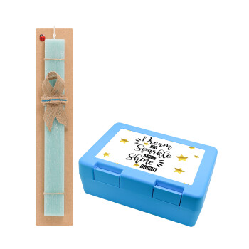 Dream big, Sparkle more, Shine bright, Easter Set, children's snack container BLUE & Easter aromatic flat candle (30cm) (TURQUOISE)